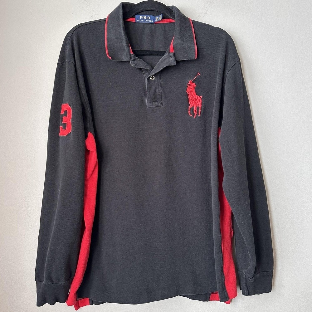Polo Ralph Lauren Polo Shirt Mens XLT Black Red‎ Big Pony Rugby Long Sleeve 3